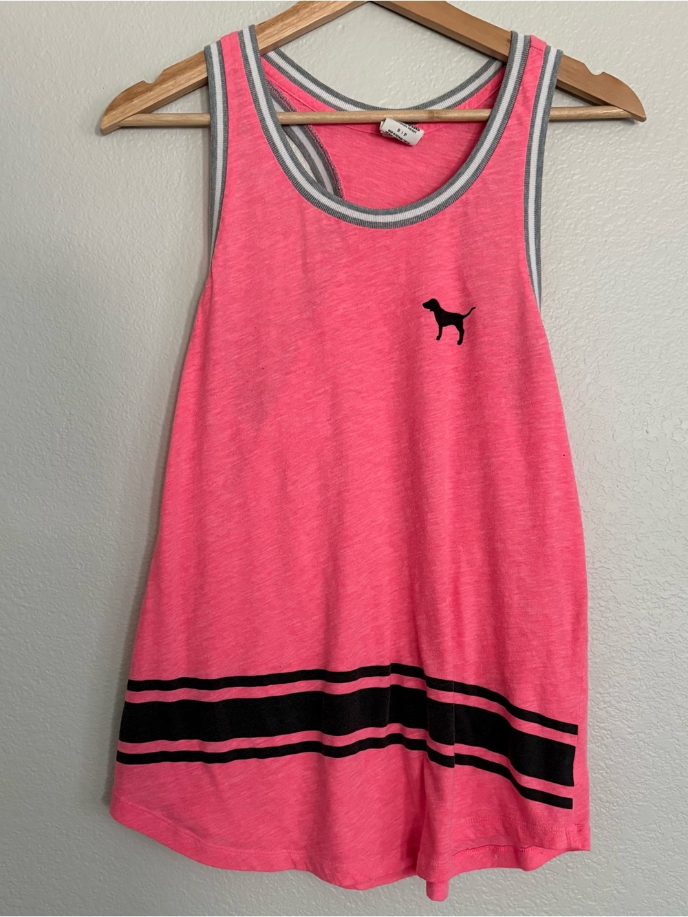 PINK Victoria's Secret Neon Pink Tank with Black Dog Logo & Stripes